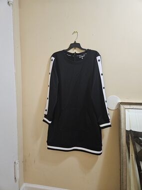 Karl Lagerfeld Black Sweatshirt Dress with White Stripe Sleeve Panels